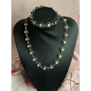 Vtg Premier Design Silver Aurora Borealis Rose Rhinestone Necklace Bracelet Set